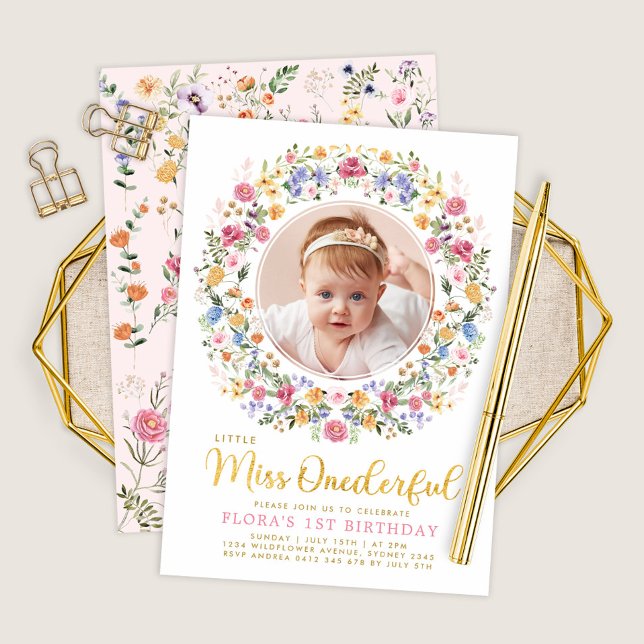 Miss ONEderful Wildflower Wreath Photo Birthday Invitation (Creator Uploaded)