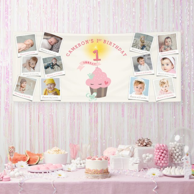 Miss Pink Cupcake 12 Photo Girl 1st Birthday Party Banner (Party)