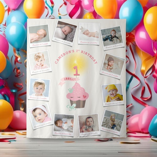 Miss Pink Cupcake Girl Birthday 12 Photo Backdrop Tapestry (Miss Pink Cupcake Girl's 1st Birthday 12 Photo Backdrop Tapestry @ fatfatin_mini_me)