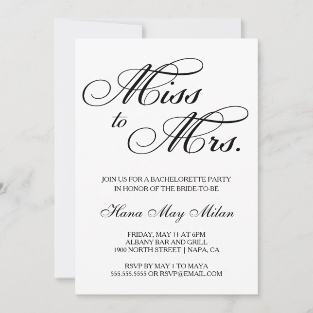 Miss to Mrs. Bachelorette Invitation (Front)