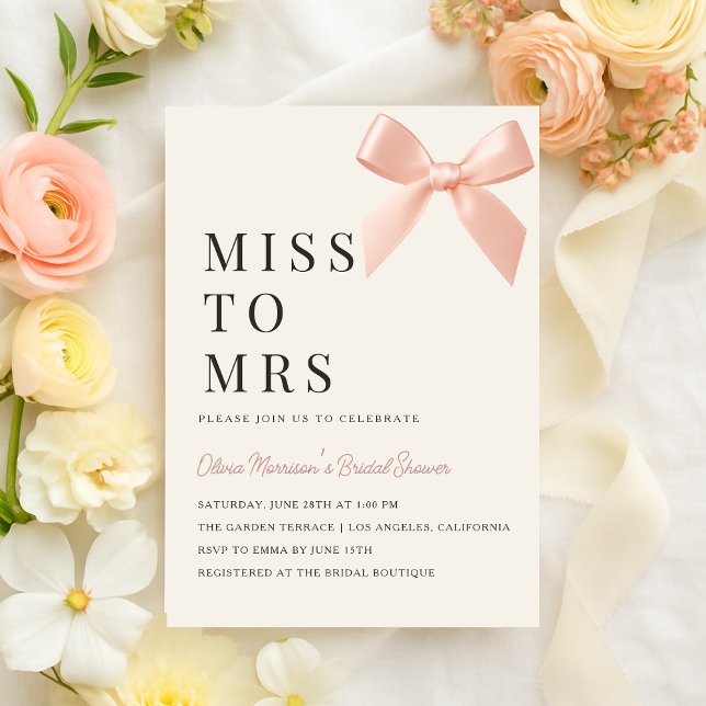 Miss to Mrs Blush Pink Bow Bridal Shower Invitation (Creator Uploaded)