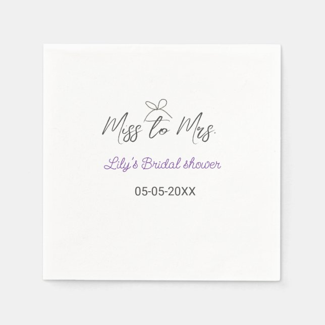 Miss to Mrs bridal shower add name date year bow Napkin (Front)