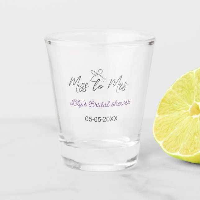 Miss to Mrs bridal shower add name date year bow Shot Glass (Front)