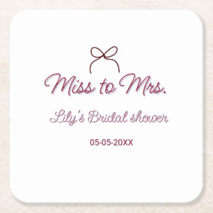 Miss to Mrs bridal shower add name date year bow Square Paper Coaster