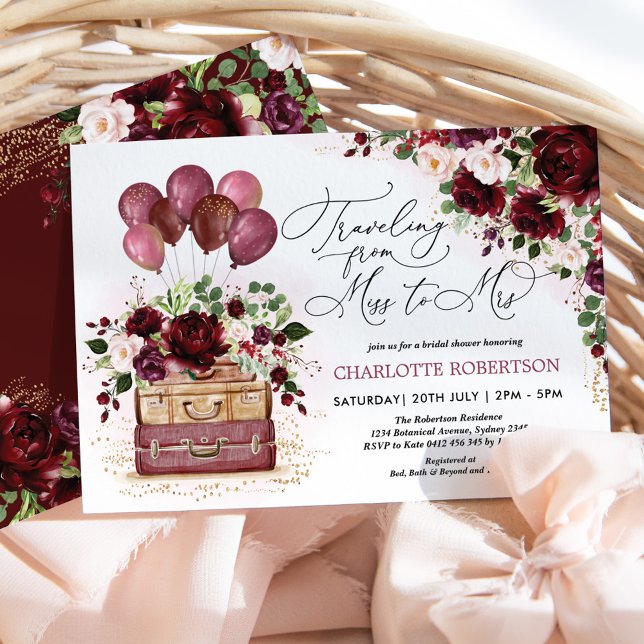 Miss to Mrs Bridal Shower Burgundy Floral Balloons Invitation (Creator Uploaded)