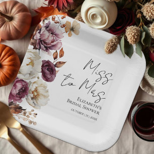 Miss To Mrs   Burgundy Fall Bridal Shower Paper Plate