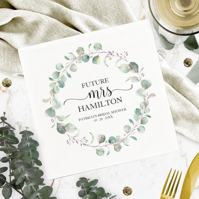 Miss to Mrs Greenery Eucalyptus Bridal Shower Napkin (Creator Uploaded)
