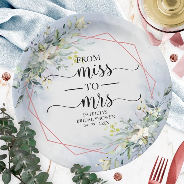 Miss to Mrs Greenery Geometric Bridal Shower Paper Plate (Creator Uploaded)