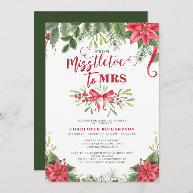 Miss To Mrs Mistletoe Elegant Winter Bridal Shower Invitation (Front/Back)