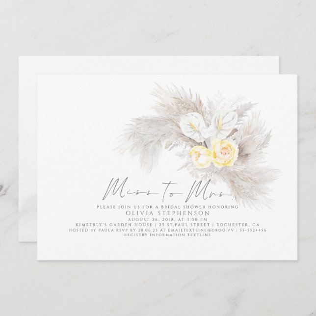 Miss to Mrs Pampas Grass Floral Bridal Shower Invitation (Front/Back)