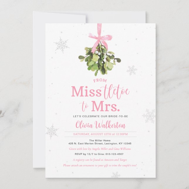 Miss to Mrs. Pink Christmas Bridal Shower Invite (Front)