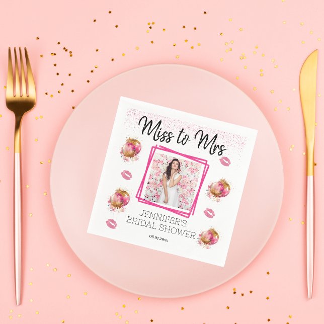 Miss to Mrs Pink Glitter Bridal shower Photo  Napkin (Creator Uploaded)