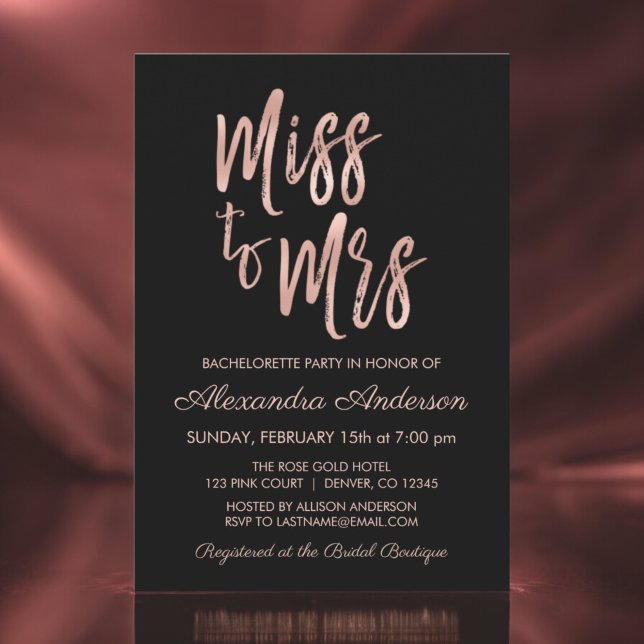 Miss to Mrs Pink Rose Gold Bachelorette Party Invitation (Creator Uploaded)