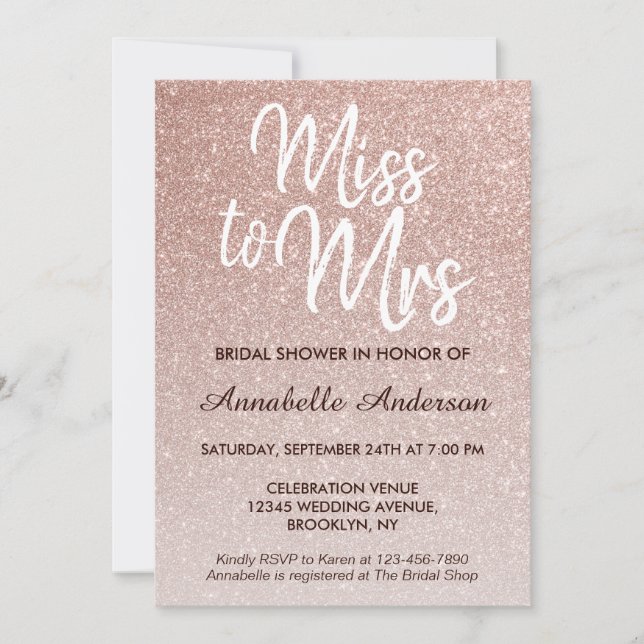 Miss to Mrs Pink Rose Gold Glitter Bridal Shower Invitation (Front)