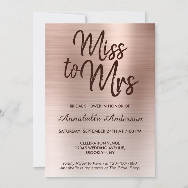 Miss to Mrs Pink Rose Gold Metal Bridal Shower Invitation (Front)