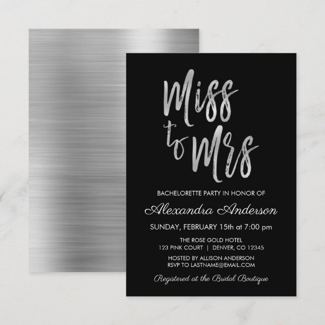 Miss to Mrs Silver Bachelorette Party Invitation (Front/Back)