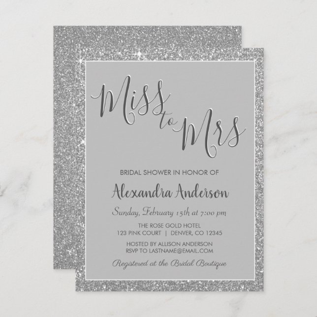 Miss to Mrs Silver Glitter Bridal Shower Invitation (Front/Back)