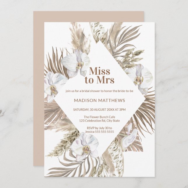 Miss to Mrs Tan & Pink Boho Floral Bridal Shower   Invitation (Front/Back)