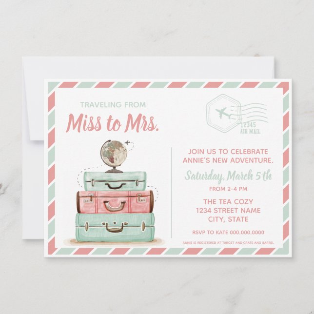 Miss to Mrs travel bridal shower coral mint Invitation (Front)