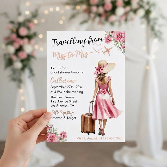 Miss To Mrs Travel Pink Bow Dress Bridal Shower (Front view traveling from miss to mrs destination wedding bridal shower love journey foil invitation)