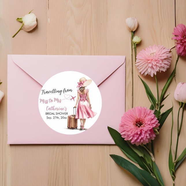 Miss To Mrs Travel Pink Bow Dress Bridal Shower Classic Round Sticker (Creator Uploaded)