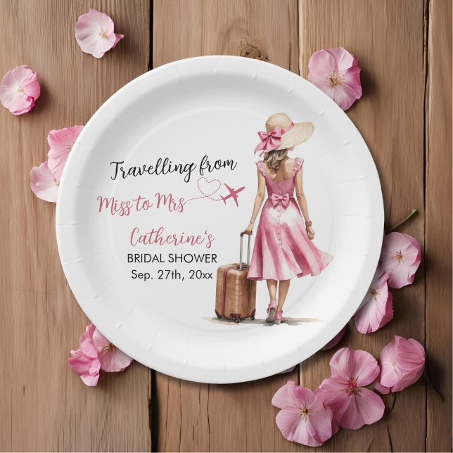 Miss To Mrs Travel Pink Bow Dress Bridal Shower Paper Plate (Creator Uploaded)