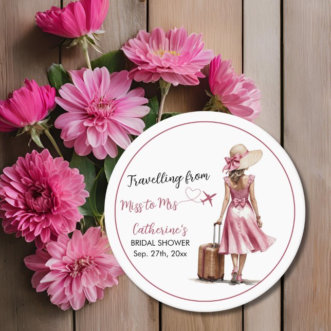 Miss To Mrs Travel Pink Bow Dress Bridal Shower Round Paper Coaster (Creator Uploaded)