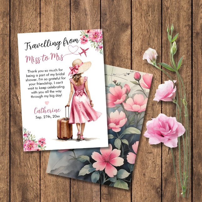 Miss To Mrs Travel Pink Bow Dress Bridal Shower Thank You Card (Creator Uploaded)