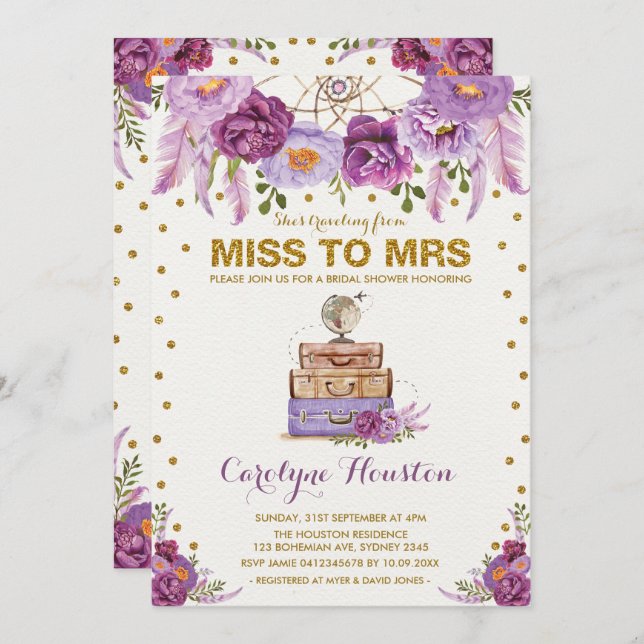 Miss to Mrs Travel Suitcase Purple Bridal Shower Invitation (Front/Back)