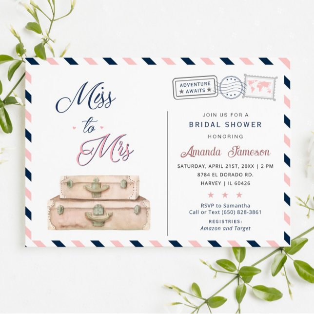 Miss To Mrs World Travel Bridal Shower Navy Pink Invitation (Creator Uploaded)