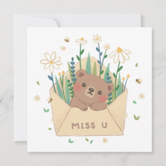MISS U: Teddy Bear & Flowers in Envelope Card
