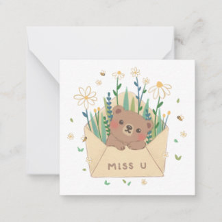 MISS U: Teddy Bear & Flowers in Envelope Card