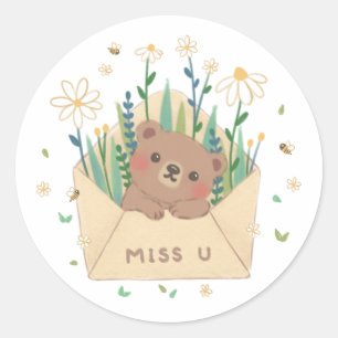 MISS U: Teddy Bear & Flowers in Envelope Classic Round Sticker