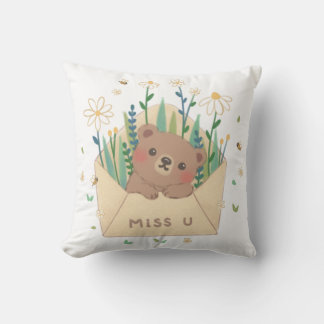 MISS U: Teddy Bear & Flowers in Envelope Cushion