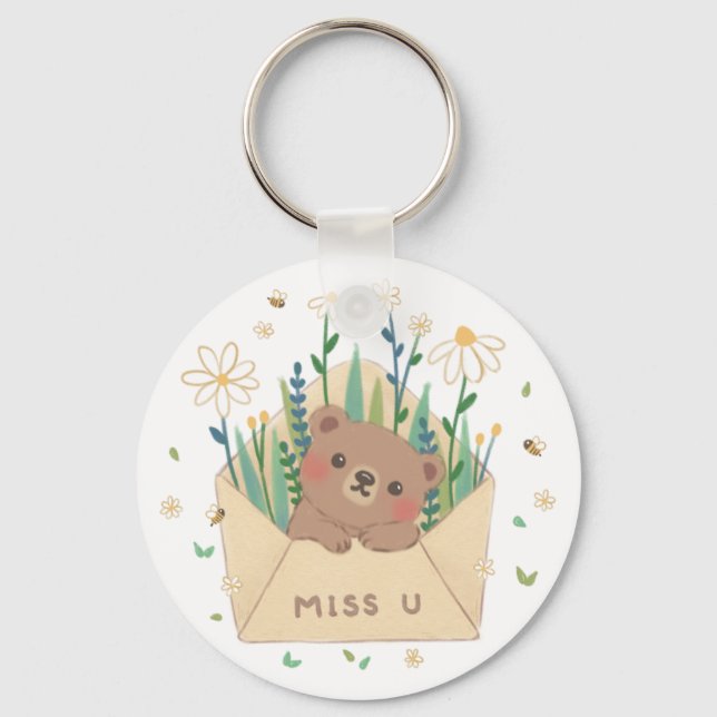 MISS U: Teddy Bear & Flowers in Envelope Key Ring (Front)