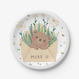 MISS U: Teddy Bear & Flowers in Envelope Paper Plate