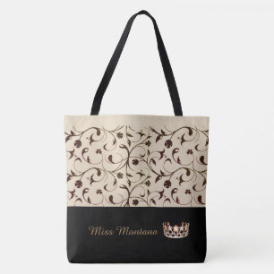 Miss USA Gold Crown Tote Bag Beige & Brown Scrolls