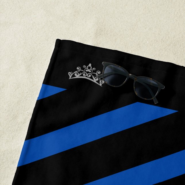 Miss USA style Beach Towe Royal Blue Stripe Crown Towel (In Situ)