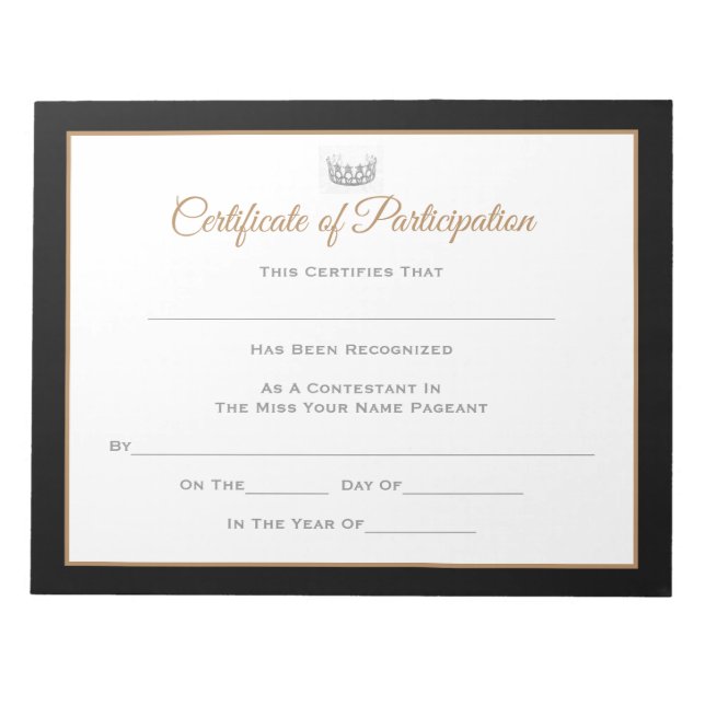 Miss USA style Pageant Certificates-Particiption Notepad (Front)