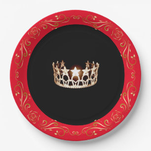 Miss USA style Red Gold Crown 9" Paper Plates