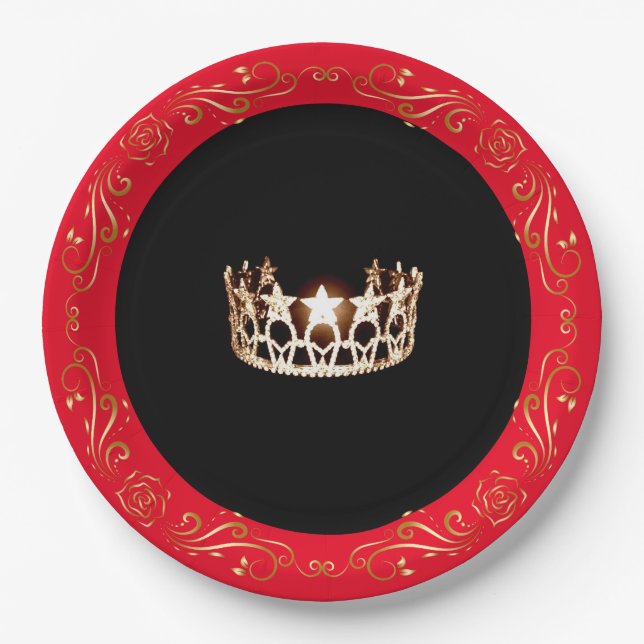 Miss USA style Red Gold Crown 9" Paper Plates (Front)