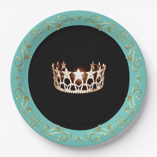 Miss USA Turquoise Gold Crown Paper Plates (Front)