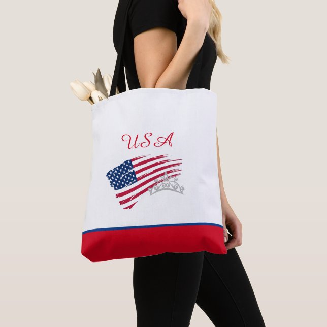Miss USA US Pageant Silver Crown Tote Bag-Flag Bag (Close Up)