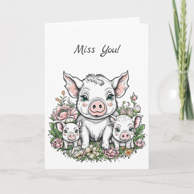 Miss You! Cute Pig and Piglets Friendship Card (Front)