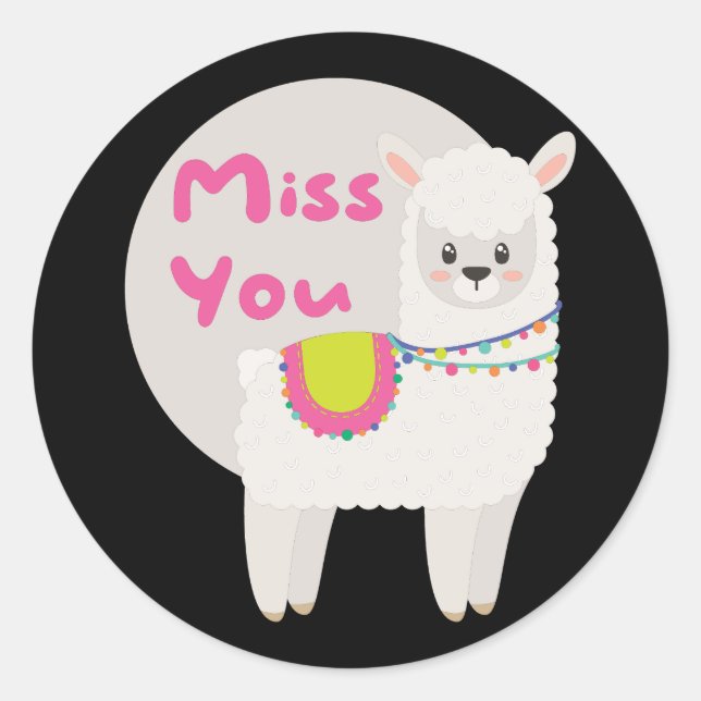 Miss you Kawaii funny white llama with pink text Classic Round Sticker (Front)