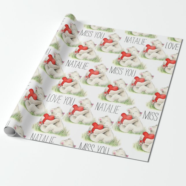 Miss you personalised bear heart watercolor art wrapping paper (Unrolled)