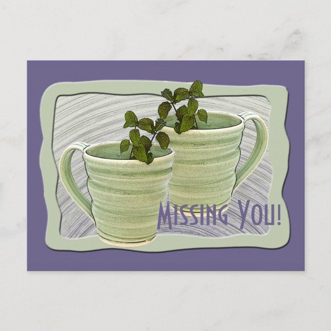 Miss You Two Green Mugs Mint Sprigs Photo Custom Postcard (Front)