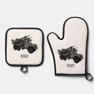 Missile vehicle cartoon illustration oven mitt & pot holder set