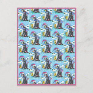 MISSING YOU, LONELY HEART PENGUIN WHIMSY HOLIDAY POSTCARD