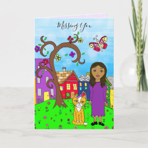 Missing You, Whimsical Lady and Cat Friendship Card